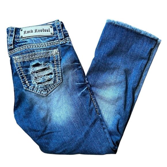 Rock Revival Sherry Easy Capri Distressed Stretch Denim Cropped Cuffed Jeans 26 - Picture 1 of 8